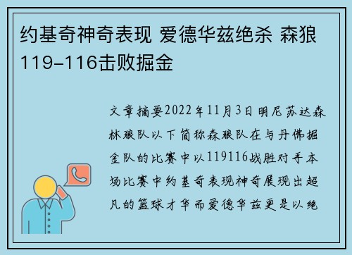 约基奇神奇表现 爱德华兹绝杀 森狼119-116击败掘金